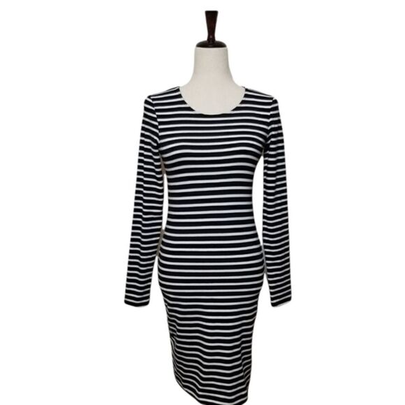 H&M Black And White Striped Long Sleeve Fitted Dress Size S - Picture 1 of 5